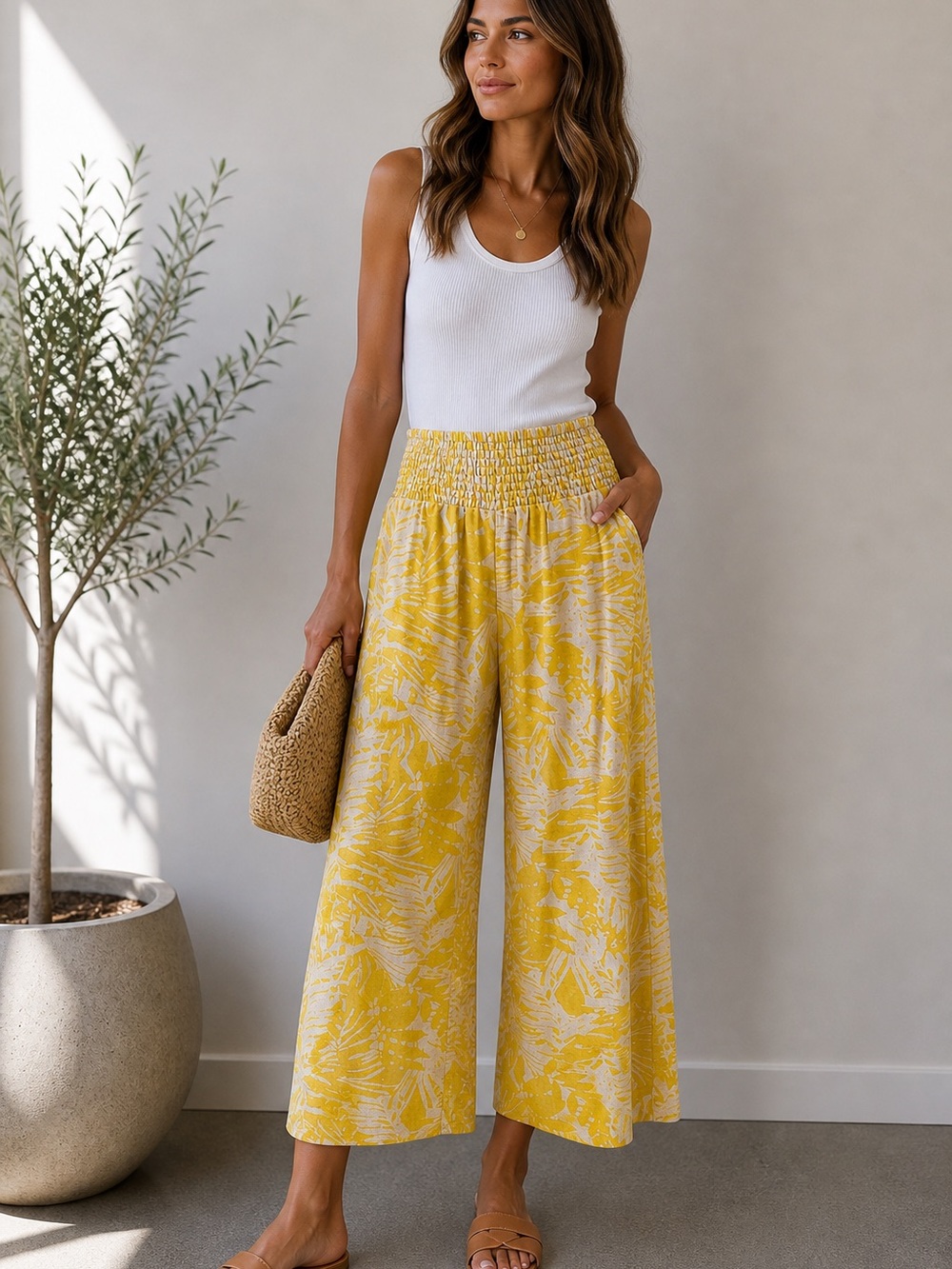 TAHARI Yellow Floral Wide-Leg Pants Smocked Waist Lightweight NWT M